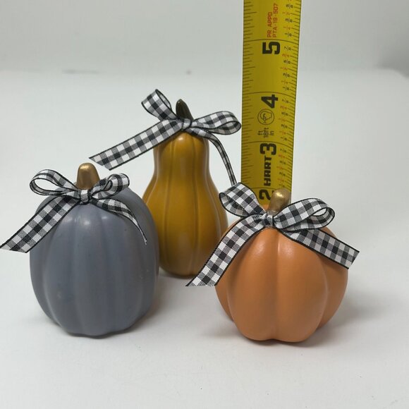 Fall Mini Ceramic Pumpkins Gourd Set of 3 Hand-Tied Plaid Bows Farmhouse Decor - Picture 6 of 9